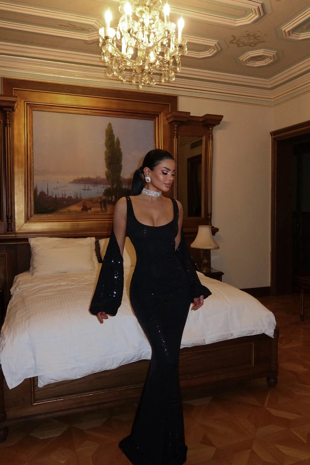 Robe Longue Scintillante Noire