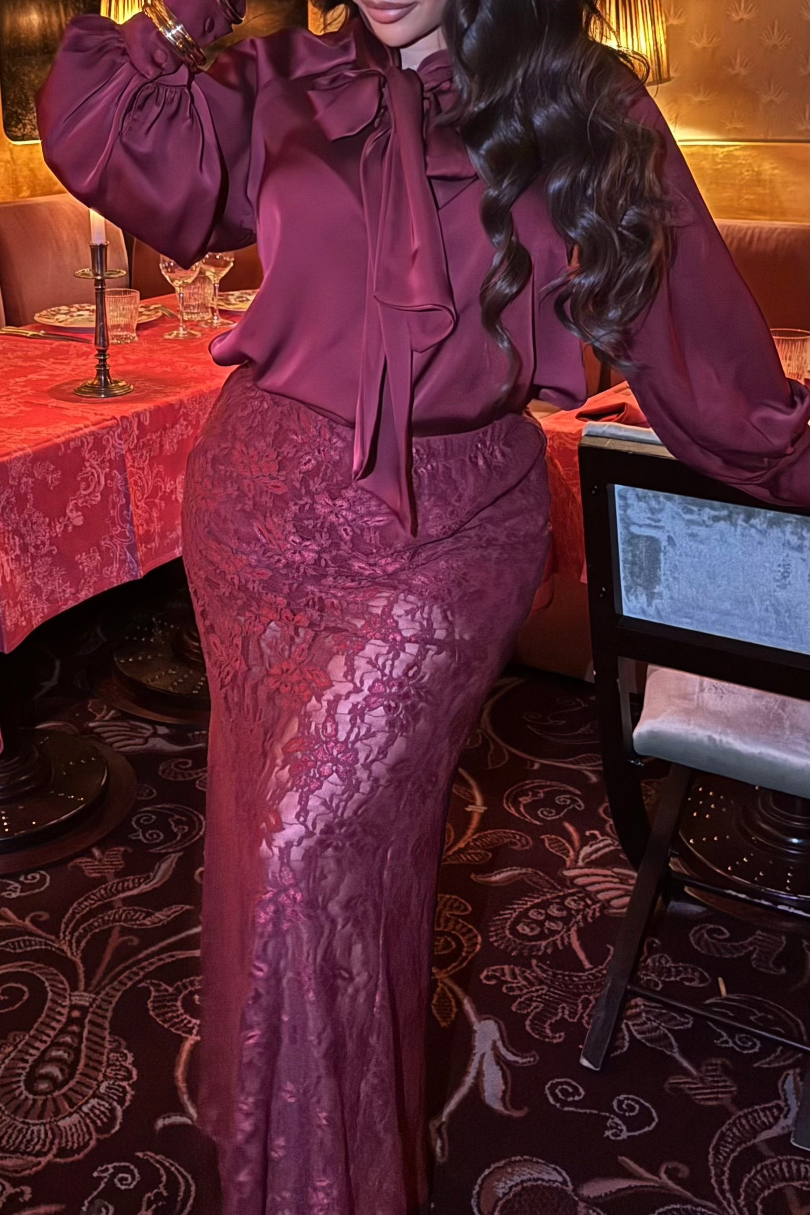 Jupe Longue en Dentelle Bordeaux